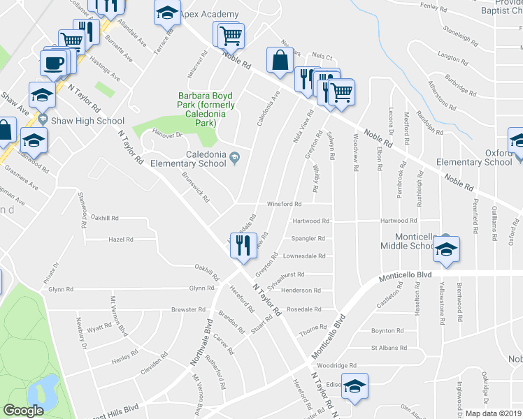 map of restaurants, bars, coffee shops, grocery stores, and more near 976 Helmsdale Road in Cleveland Heights