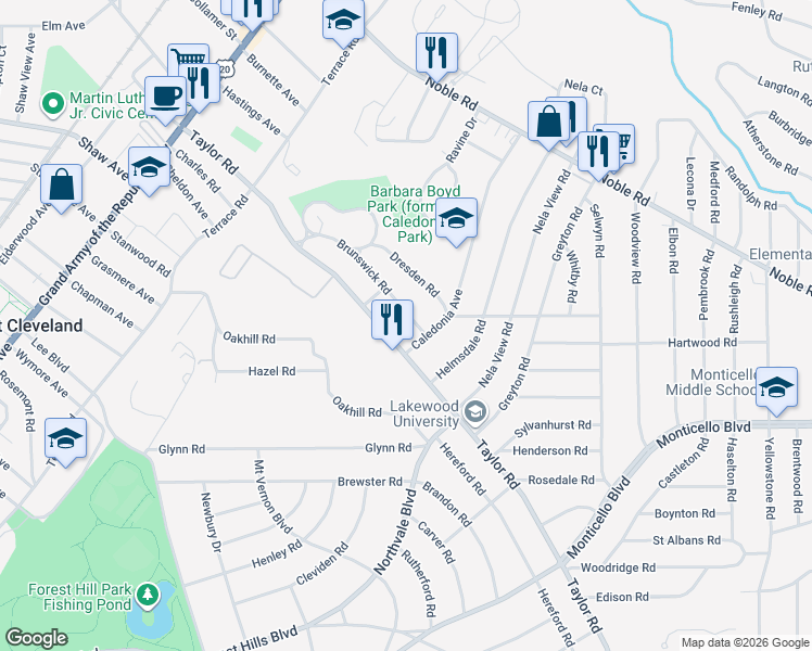 map of restaurants, bars, coffee shops, grocery stores, and more near 973 Brunswick Road in Cleveland Heights