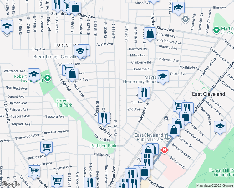 map of restaurants, bars, coffee shops, grocery stores, and more near 1652 East 133rd Street in East Cleveland