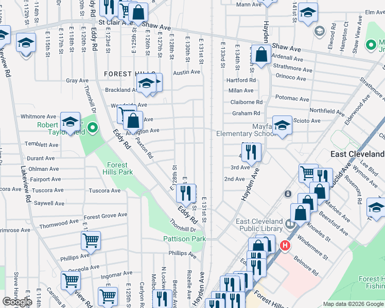 map of restaurants, bars, coffee shops, grocery stores, and more near 875 East 130th Street in Cleveland