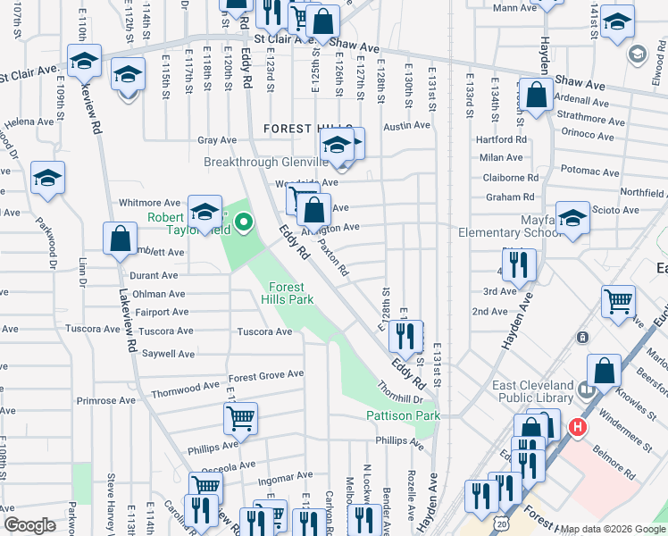 map of restaurants, bars, coffee shops, grocery stores, and more near 878 Paxton Road in Cleveland