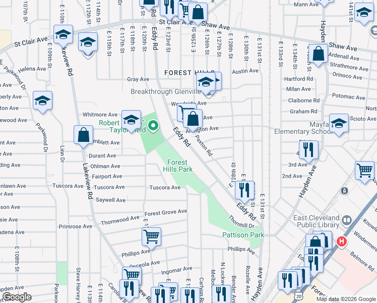 map of restaurants, bars, coffee shops, grocery stores, and more near 868 Eddy Road in Cleveland