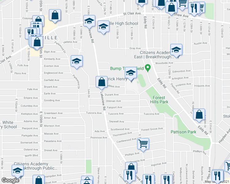 map of restaurants, bars, coffee shops, grocery stores, and more near 11600 Temblett Avenue in Cleveland