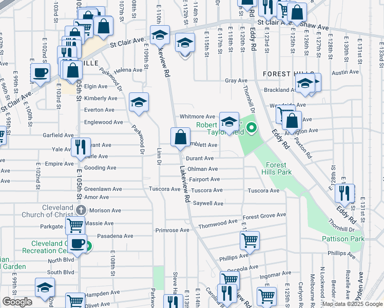 map of restaurants, bars, coffee shops, grocery stores, and more near 11410 Temblett Avenue in Cleveland