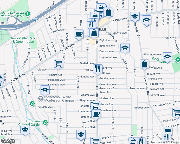 map of restaurants, bars, coffee shops, grocery stores, and more near 10409 Yale Avenue in Cleveland