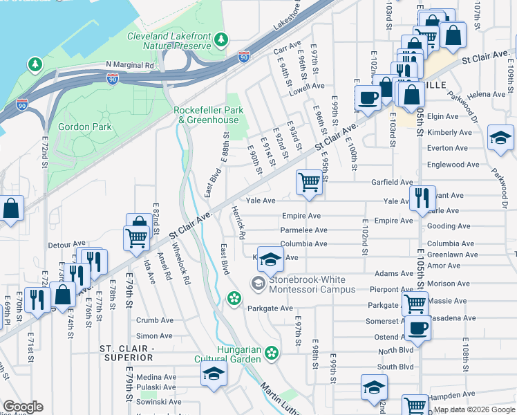map of restaurants, bars, coffee shops, grocery stores, and more near 8909 Yale Avenue in Cleveland