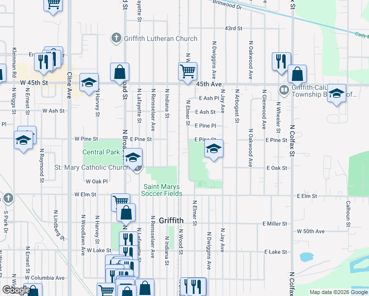 map of restaurants, bars, coffee shops, grocery stores, and more near 700 North Elmer Street in Griffith
