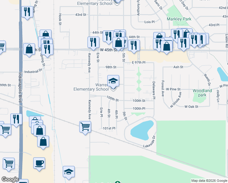 map of restaurants, bars, coffee shops, grocery stores, and more near 2901 100th Street in Highland