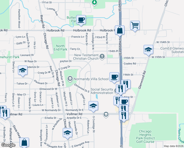 map of restaurants, bars, coffee shops, grocery stores, and more near 201 North Normandy Drive in Chicago Heights