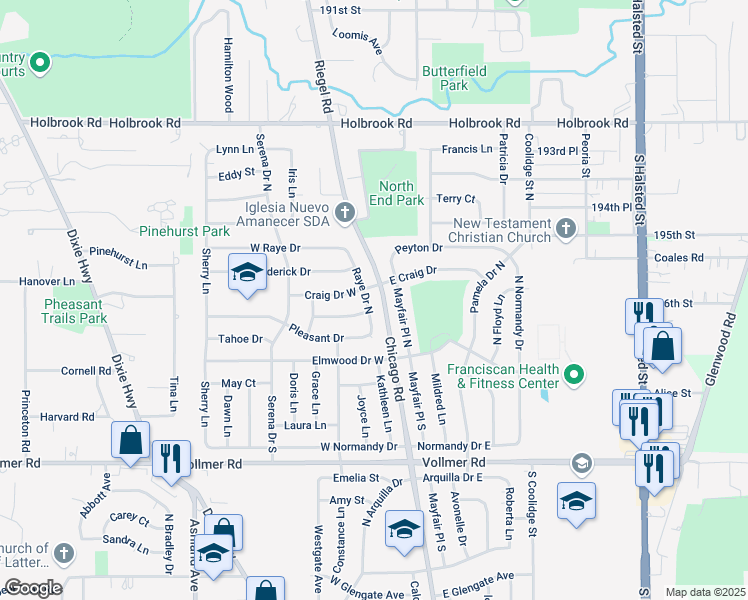 map of restaurants, bars, coffee shops, grocery stores, and more near 147 Craig Drive West in Chicago Heights