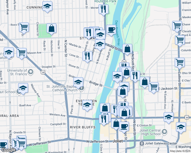 map of restaurants, bars, coffee shops, grocery stores, and more near 159 Stone Street in Joliet