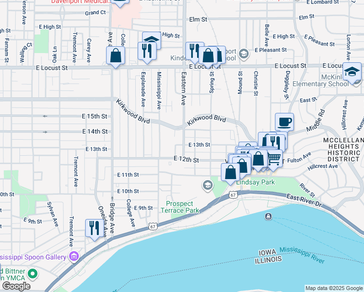 map of restaurants, bars, coffee shops, grocery stores, and more near 1314 Eastern Avenue in Davenport