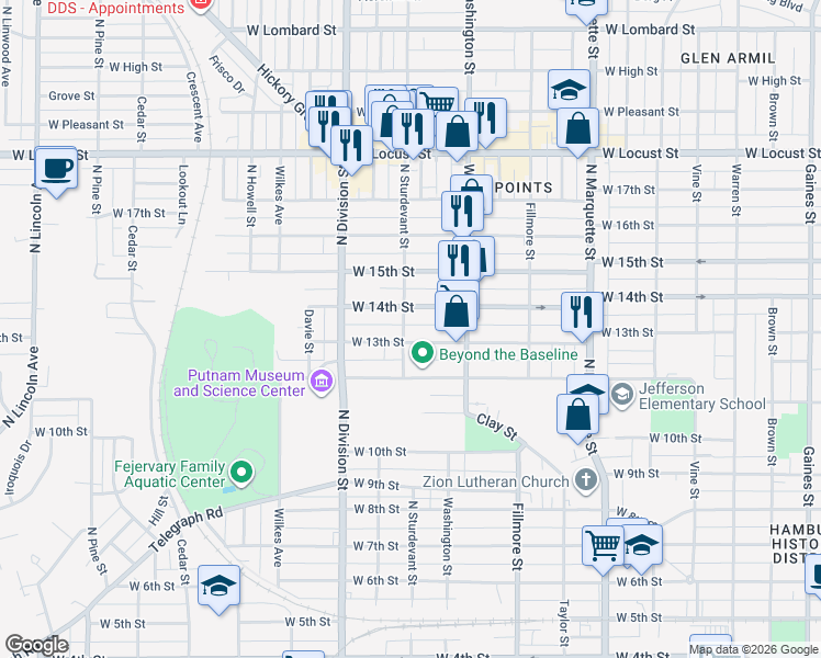 map of restaurants, bars, coffee shops, grocery stores, and more near 1557 West 14th Street in Davenport