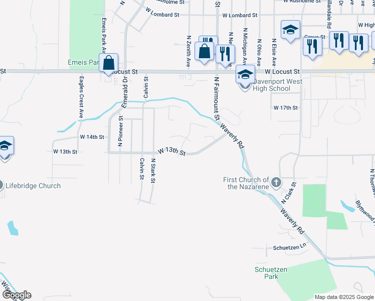 map of restaurants, bars, coffee shops, grocery stores, and more near 1306 North Zenith Avenue in Davenport