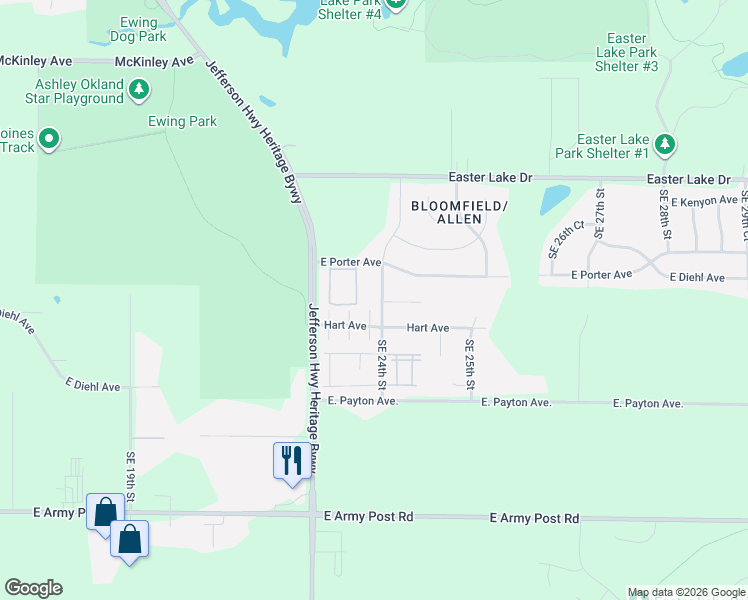 map of restaurants, bars, coffee shops, grocery stores, and more near 5526 Southeast 24th Street in Des Moines