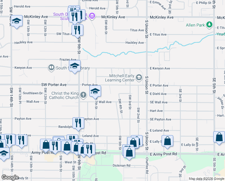 map of restaurants, bars, coffee shops, grocery stores, and more near 5601 Southwest 5th Place in Des Moines