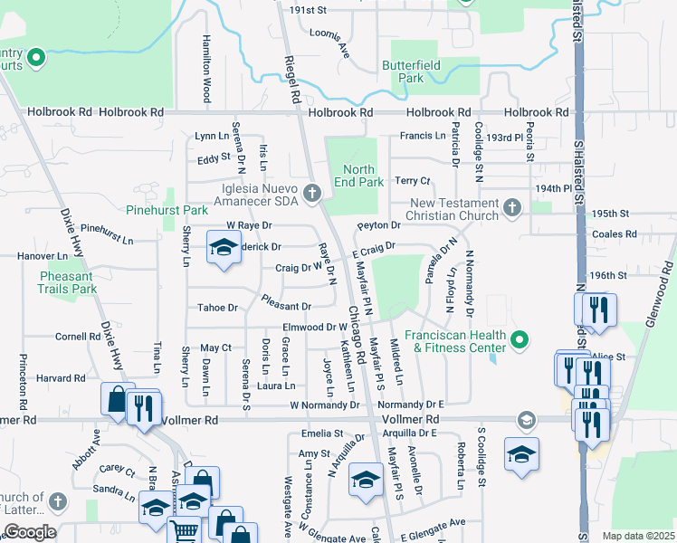 map of restaurants, bars, coffee shops, grocery stores, and more near 147 Craig Drive West in Chicago Heights