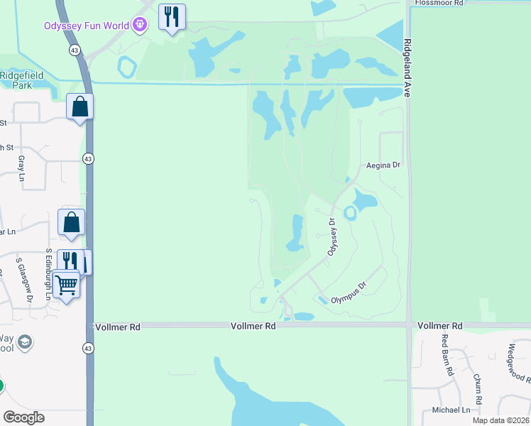 map of restaurants, bars, coffee shops, grocery stores, and more near 111 Iliad Drive in Tinley Park