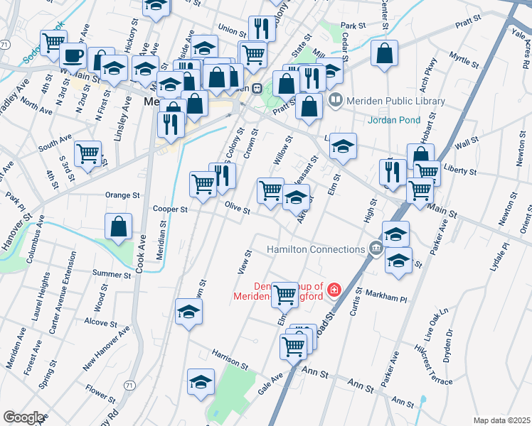 map of restaurants, bars, coffee shops, grocery stores, and more near 132 Willow Street in Meriden