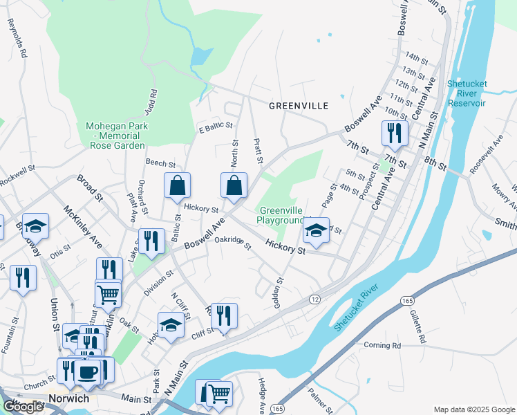 map of restaurants, bars, coffee shops, grocery stores, and more near 229 Boswell Avenue in Norwich