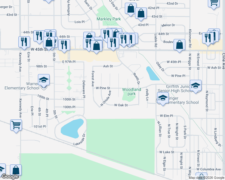 map of restaurants, bars, coffee shops, grocery stores, and more near 653 North Oriole Court in Griffith