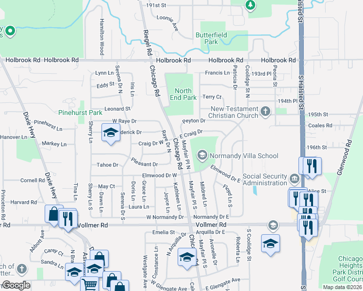 map of restaurants, bars, coffee shops, grocery stores, and more near 10 East Craig Drive in Chicago Heights