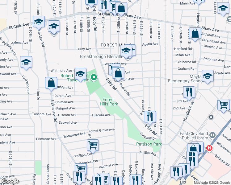 map of restaurants, bars, coffee shops, grocery stores, and more near 868 Eddy Road in Cleveland
