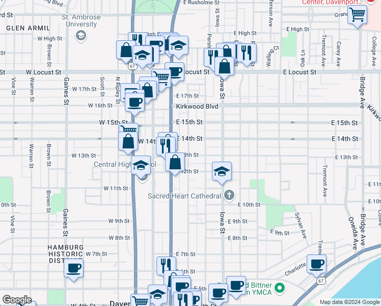 map of restaurants, bars, coffee shops, grocery stores, and more near 1301 North Perry Street in Davenport