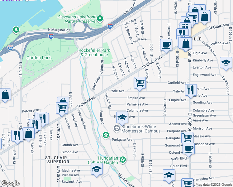 map of restaurants, bars, coffee shops, grocery stores, and more near 8909 Yale Avenue in Cleveland