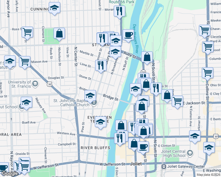 map of restaurants, bars, coffee shops, grocery stores, and more near 159 Stone Street in Joliet