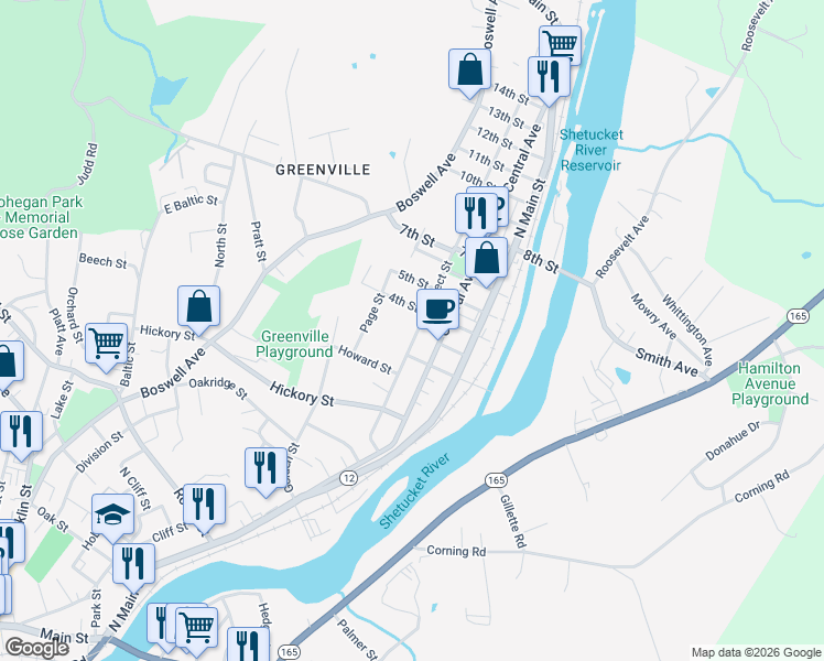 map of restaurants, bars, coffee shops, grocery stores, and more near 122 Prospect Street in Norwich