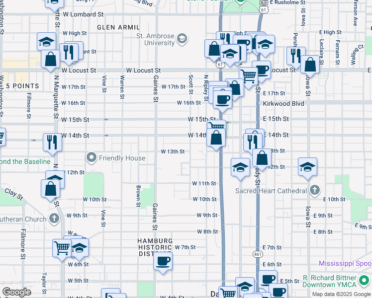 map of restaurants, bars, coffee shops, grocery stores, and more near 1302 Scott Street in Davenport