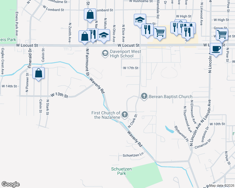 map of restaurants, bars, coffee shops, grocery stores, and more near 1101 Waverly Road in Davenport