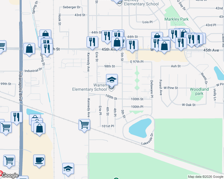 map of restaurants, bars, coffee shops, grocery stores, and more near 2901 100th Street in Highland