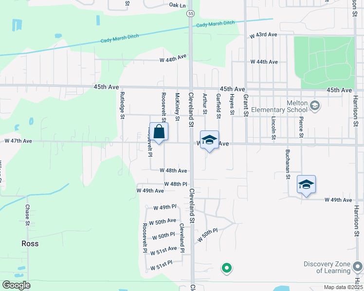 map of restaurants, bars, coffee shops, grocery stores, and more near 5700-5798 McKinley Street in Gary