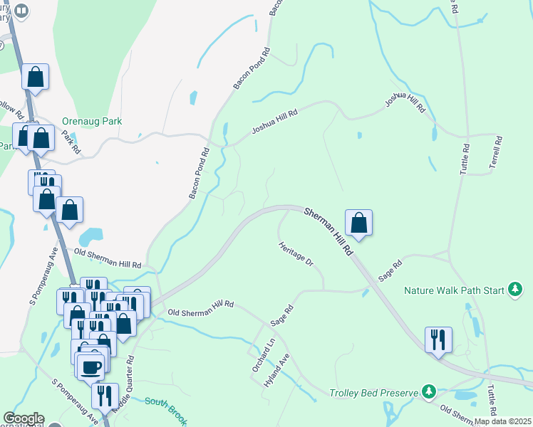 map of restaurants, bars, coffee shops, grocery stores, and more near 126 Sherman Hill Road in Woodbury