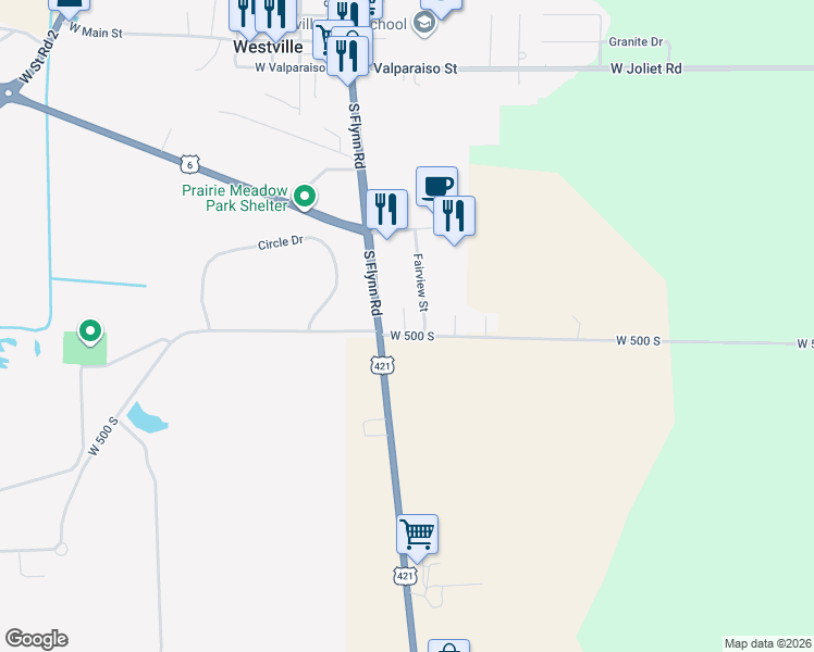 map of restaurants, bars, coffee shops, grocery stores, and more near 9979 West 500 South in Westville