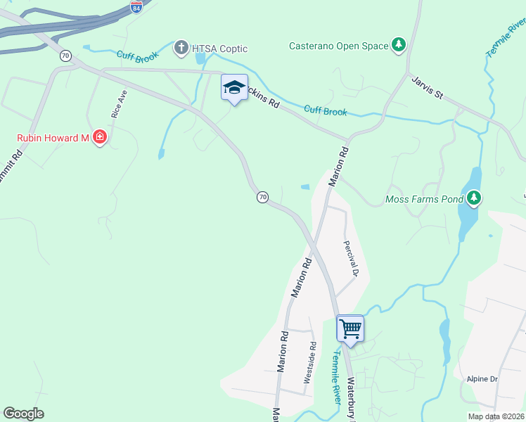 map of restaurants, bars, coffee shops, grocery stores, and more near 1575 Waterbury Road in Cheshire