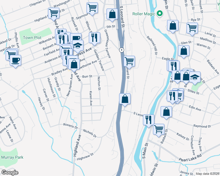 map of restaurants, bars, coffee shops, grocery stores, and more near 2 Hilltop Avenue in Waterbury