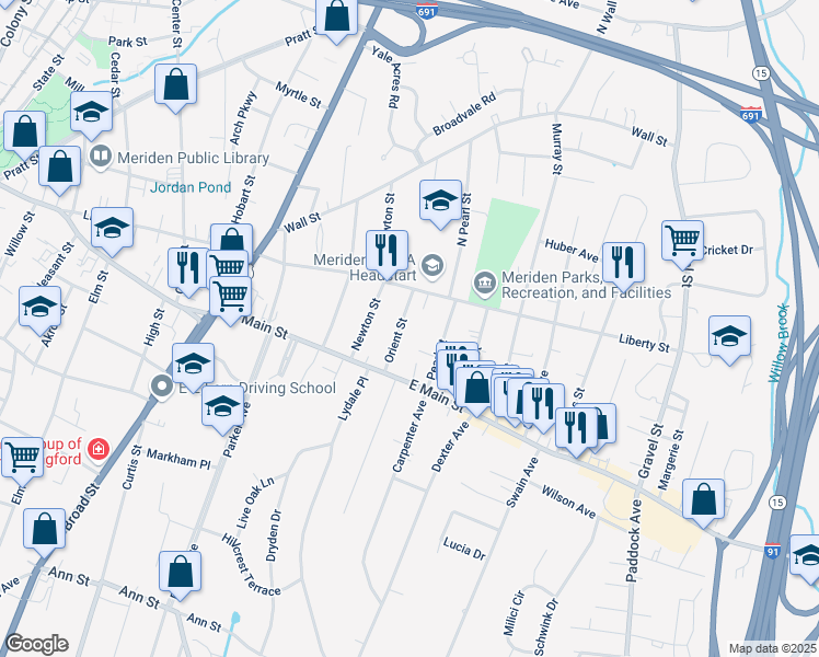 map of restaurants, bars, coffee shops, grocery stores, and more near 61 Orient Street in Meriden