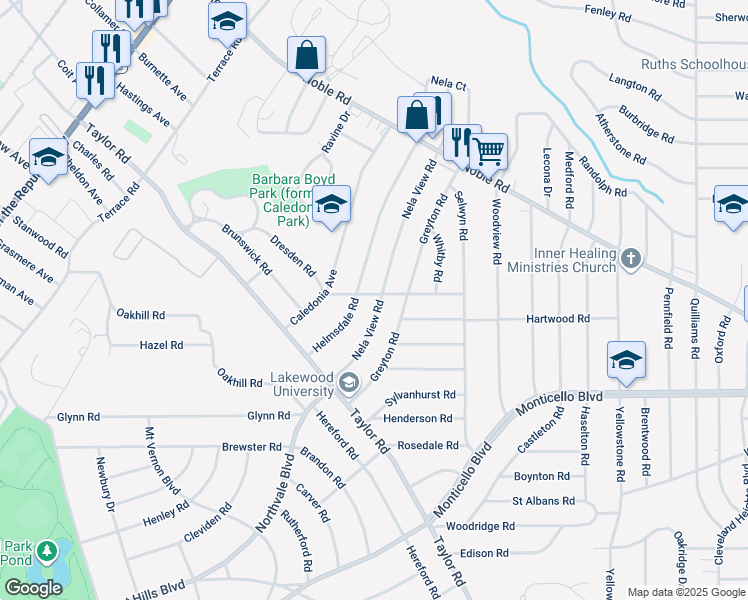 map of restaurants, bars, coffee shops, grocery stores, and more near 971 Nela View Road in Cleveland Heights