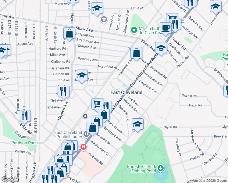 map of restaurants, bars, coffee shops, grocery stores, and more near 1745 Wymore Avenue in East Cleveland