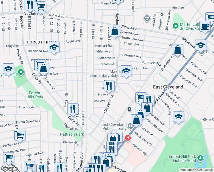 map of restaurants, bars, coffee shops, grocery stores, and more near 13608 5th Avenue in East Cleveland