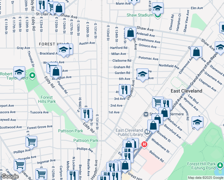 map of restaurants, bars, coffee shops, grocery stores, and more near 13400 5th Avenue in East Cleveland