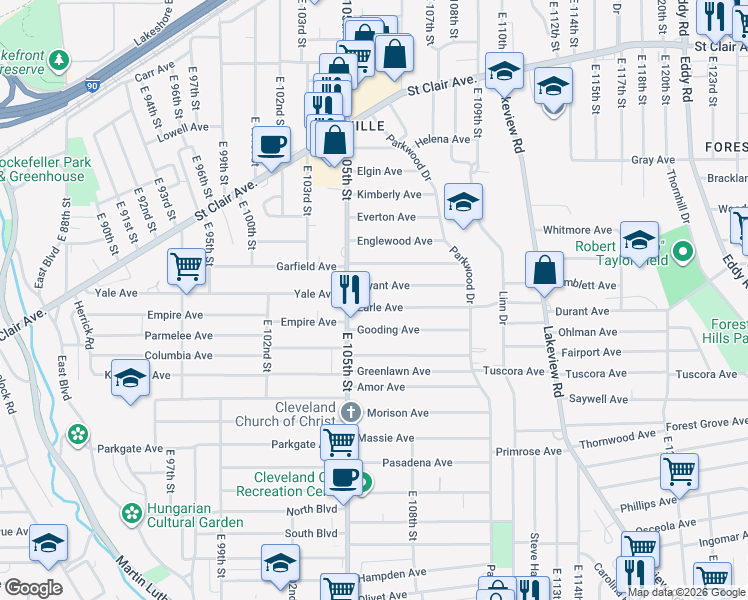 map of restaurants, bars, coffee shops, grocery stores, and more near 861 East 105th Street in Cleveland