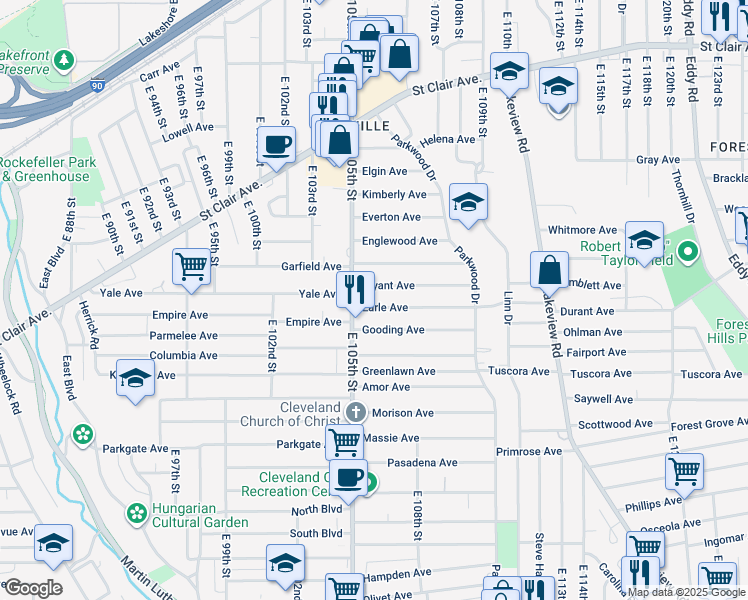 map of restaurants, bars, coffee shops, grocery stores, and more near 861 East 105th Street in Cleveland