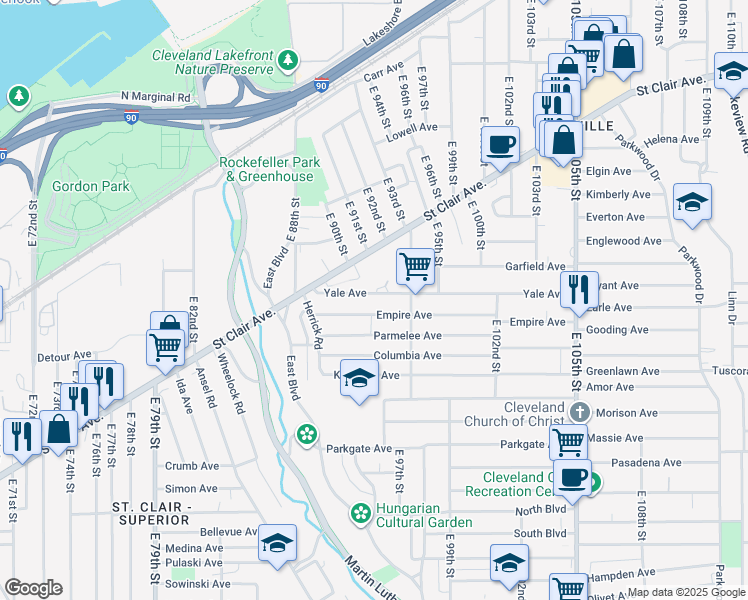 map of restaurants, bars, coffee shops, grocery stores, and more near 9116 Yale Avenue in Cleveland