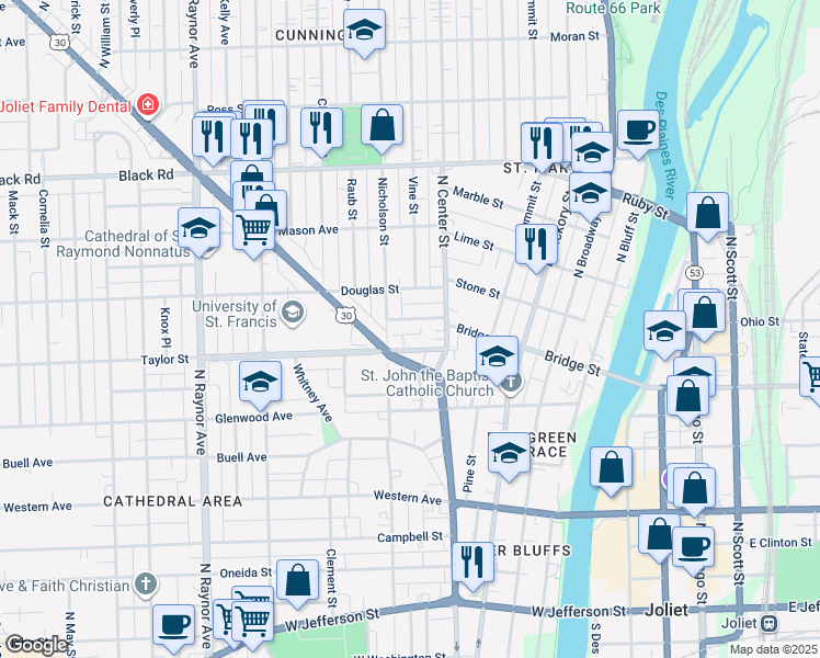 map of restaurants, bars, coffee shops, grocery stores, and more near 510 Nicholson Street in Joliet