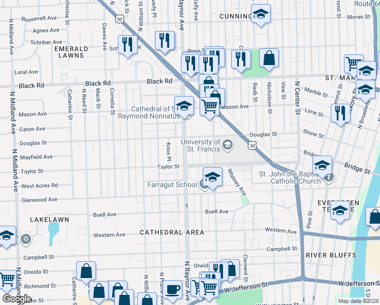 map of restaurants, bars, coffee shops, grocery stores, and more near 514 North Raynor Avenue in Joliet