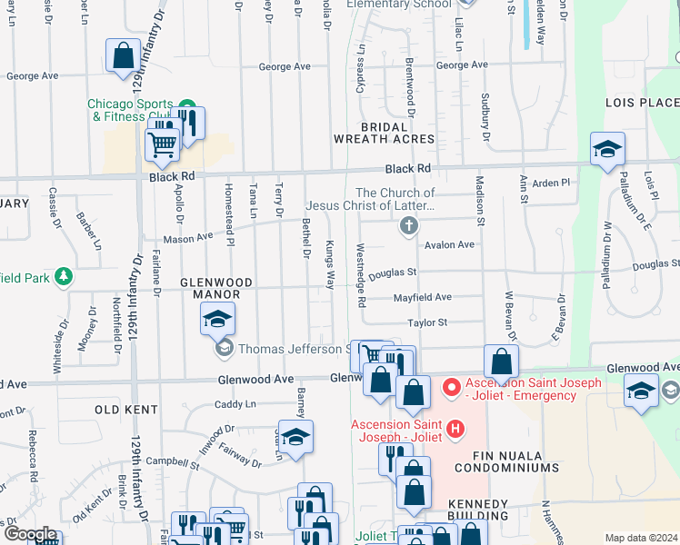 map of restaurants, bars, coffee shops, grocery stores, and more near 612 Kungs Way in Joliet